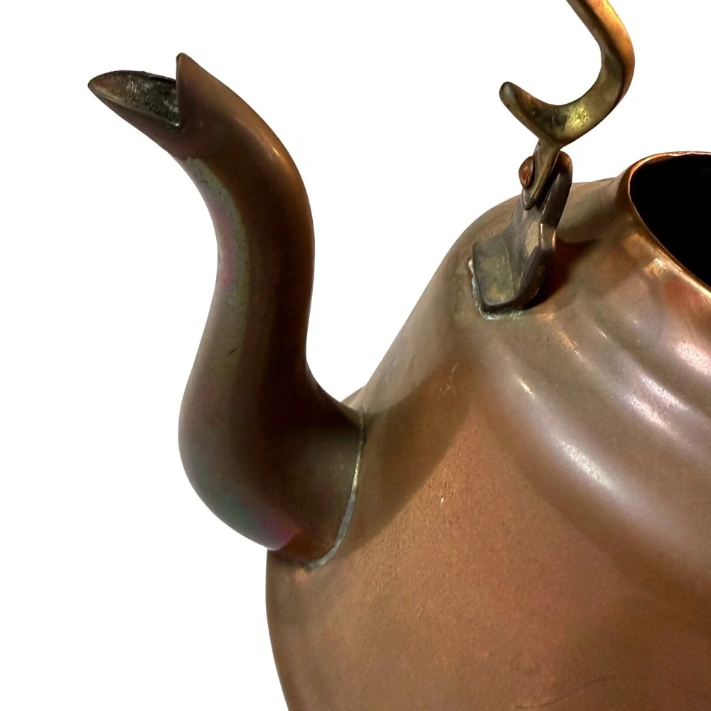 Vintage MCM Copper Tea Kettle Etched Floral Swan Spout Wood Handle‎ Rustic Decor